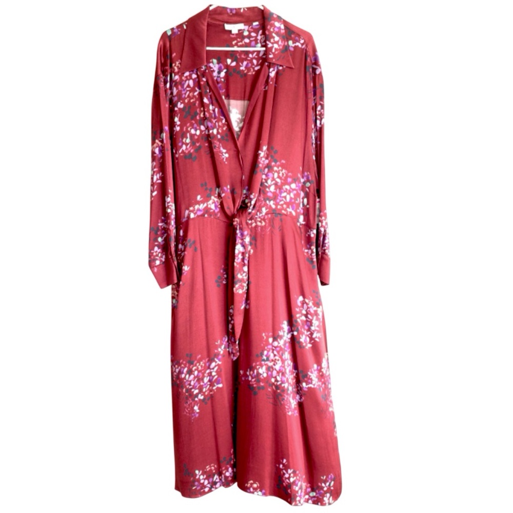 Vince Satin Shirtdress Forsythia Long Sleeve Deep Red Floral Size 3X - Picture 2 of 9